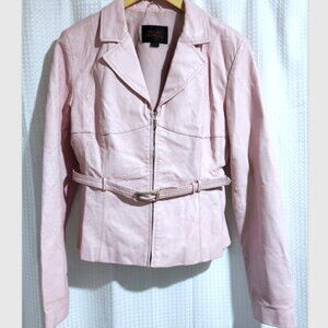 Oscar Leopold Leather Jacket Womens XXL Light Pink Belted Lined Short Jacket